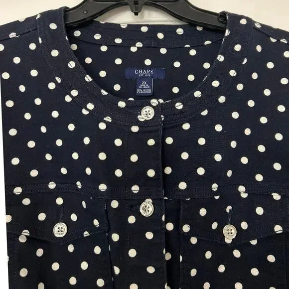 Chaps Navy Blue White Polka Dot Flat Collar Cotton Stretch Denim Jacket Size 2X - Picture 8 of 12